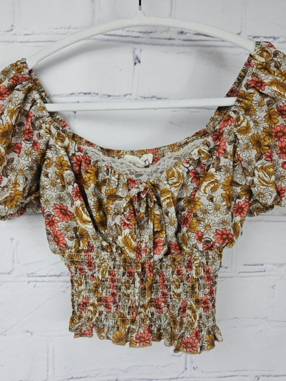Fall Floral Smocked Puff Sleeve Crop Top Womens Juniors XS Balloon Hesperus
